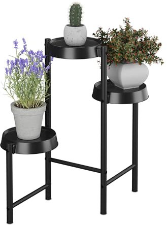 Relaxdays Pflanzenständer, 3 Ablagen, Metall & Kunststoff, HxBxT: 61 x 55 x 30 cm, Innenbereich, Blumenständer, schwarz