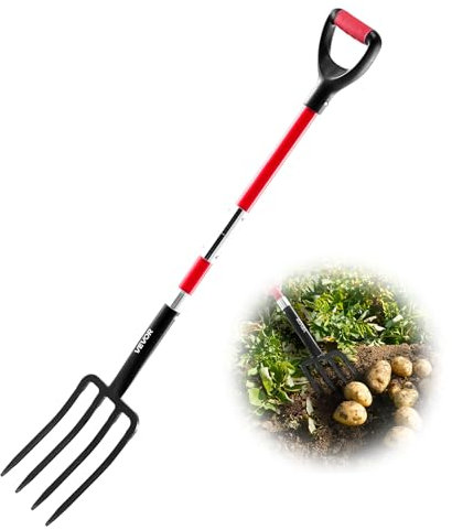 VEVOR Forca da Giardino a 4 Rebbi con Manico in Fibra di Vetro, Forca da Scavo Resistente da 1140 mm con Impugnatura a Y, Forca da Vanga in Acciaio Forgiato per Fieno, Compostaggio