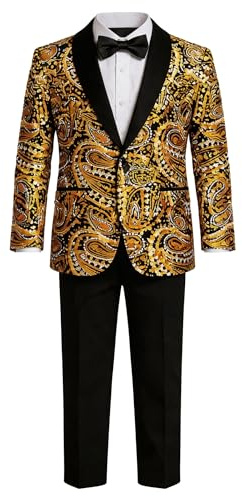 PYJTRL Boys 4-Piece Suit Set Paisley Floral Sequins Embroidered Velvet Blazer Jacket Black Pants Shirt Bow Tie Outfit 4-16Y