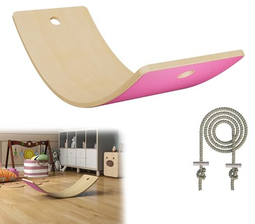 YRHome Rosa Balance Board Holz Wackelbrett für Kinder - Gleichgewichtstrainer 82x30cm - Balancierbrett für Indoor, Turnen & Fitness - Rutschbrett & Wippe Spielzeug