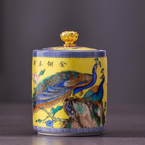 Chinesische Keramik, Pfau Vorratsdosen aus Emaille mit Deckel, Teedose | Für Tee, Kaffee, Gewürze Und Süßigkeiten(Yellow,S)