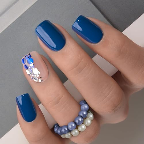 CurvLife Short Square Press On Nails, Deep Blue, Soft Gel | 32PCS in 16 Sizes, Salon-Quality Fake Nails, Curved Fit, Glue-On Nails with 7-14 Day Wear, Reusable Stick-On Nails