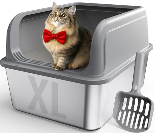 Powools Stainless Steel Cat Litter Tray, Top-Entry Design, XL, Grey | Cat Litter Box with Removable Enclosure & Scoop, High-Sided, Non-Stick & Easy-to-Clean