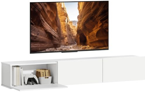 HOMCOM Meuble TV Suspendu 180 cm pour Téléviseur jusqu'à 82 Pouces Blanc | 3 Portes Rabattables, Charnières à Fermeture Douce, Banc TV Flottant, Salon, Chambre