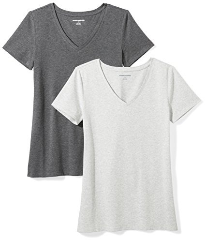 Amazon Essentials Women's Regular-Fit Short-Sleeve V-Neck T-Shirt, Pack of 2, Charcoal Heather/Light Grey Heather, XXL