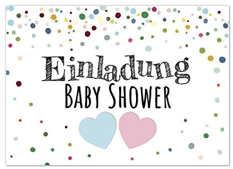 8 x Einladung Baby Shower Party/Einladungskarten mit Umschlag im Set/Motiv: Konfetti Look 2 Herzen, rosa und blau/Babyparty Karte/Postkarte /