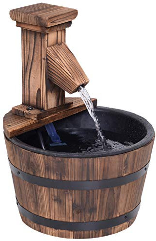 Outsunny Wood Barrel Patio Water Fountain Garden Decorative Ornament Water Feature with Electric Pump Rustic Brown