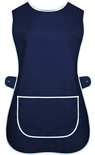INDX Clothing Ladies Womens Tabard Kitchen Cleaning Chef Overall Catering Tabbard Apron With Pocket Side Button Fastening Plus Big Size S to 3XL (Navy Blue, WX/Medium)