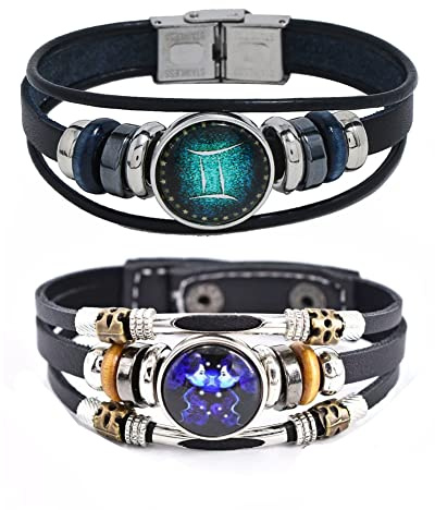 2 Pack Handmade Braided Leather Bracelets for Men Women Leather Rhinestone