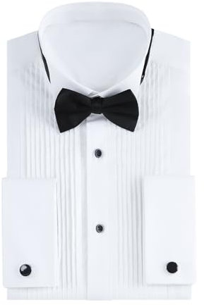 Gollnwe Men's Tuxedo Shirt Wing Collar French Cuff Dress Shirt for Men with Cufflinks and Bow Tie White XL