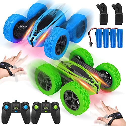 ThinkMax Remote Control Car,2.4Ghz 360°Double Side Flips RC Stunt Car Toy Gift,Gesture Sensing Drift RC Car for Kids Aged 6-14(BLUE) (blue+green)