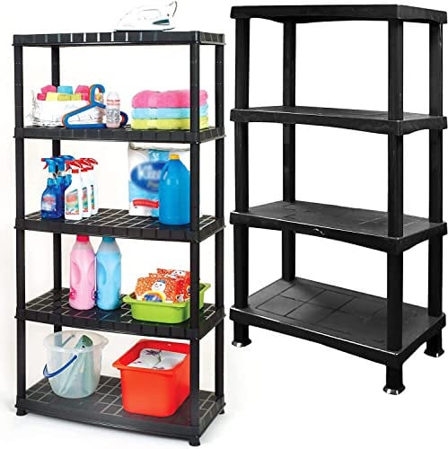 STORM TRADING GROUP Storage Shelving Unit 4 Tier & 5 Tier Racking Plastic for Home Living Room Garage - Extra Large Lightweight, Compact Shelves (2, 5 Tier)