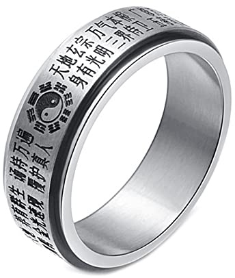 Mesnt Damen Ringe Edelstahl, Chinesischer Mantra Yin Yang Tai Chi Spinner Bands Ring Silber schwarz Größe 57 (18.1)
