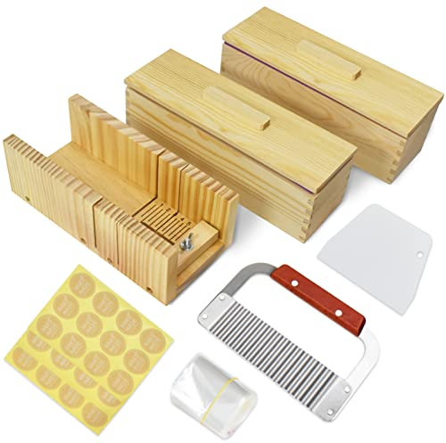Artcome Kit de 2 moules à savon rectangulaires en silicone de 1 200 ml, 2 boîtes en bois avec couvercle, outil de coupe de savon en bois réglable avec coupe-savon ondulé en acier inoxydable et coupe