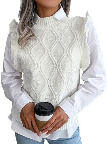 FEOYA Women's Knitted Vest Tops Round Crew Neck Sleeveless Jumper Sweater Vest Argyle Knit Tank Top Pullover Waistcoat Solid Color Loose Fit Knitwear School Streetwear Autumn Winter Spring 04 White S