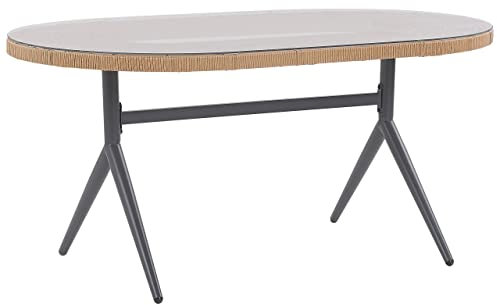 Gartentisch Glas Polyrattan beige natürlich Stahl schwarz oval 160 cm Modern Aliano