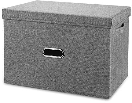 Valease Large Linen Fabric Foldable Storage Bins with Removable Lid and Handles, Washable Storage Box Organizer Containers Baskets Cube with Cover for Bedroom,Closet,Office,Nursery (Grey, XXL)
