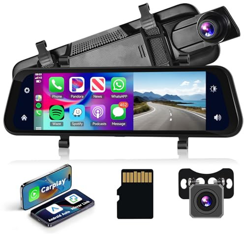 Podofo Dashcam Auto 9.66'' Touscreen Carplay Android Auto Wireless Dual Kamera System Bluetooth DVR WDR Loop Aufnahme mit 32G SD Karte mit Rückfahrkamera Nachtsicht AUX FM Transmitter 7-32V