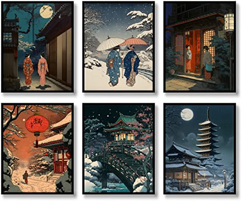 Japanische Wandkunstdrucke, 6er-Set japanische Landschaftsposter, Vintage-Wanddekoration, Ukiyoe-Gemälde, ästhetisch, asiatisch, Retro-Bilderhalter, Fuji, Foto, Leinwand, Kunstgemälde für Wohnzimmer,