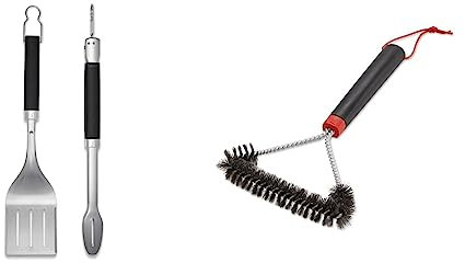 Weber 6763 Precision Grill Tongs & Spatula Set Premium Grillbesteck-2-teilig, Schwarz/Silber & Three-Sided Grill Brush Dreiseitige Grillbürste, 30 cm, Schwarz/Silber, 6277