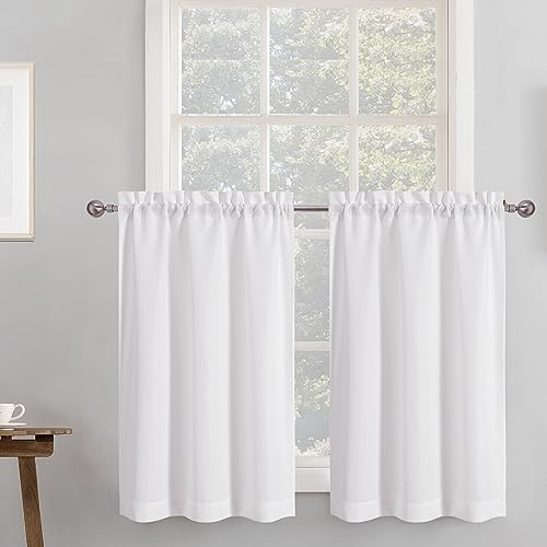 Chyhomenyc 2 Panels White Kitchen Curtains 36 Inch Length Tier Curtain, Faux Linen Textured Small Cafe Curtain, Light Filtering Short Window Curtains for Bathroom Basement, 30x36 inch, 2PCS
