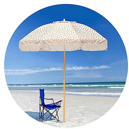 LefeDa Beige Sonnenschirm Strand Mit Quasten 180cm Sonnenschirm Balkon Neigbar Gartenschirm UV-Schutz Wasserdicht Balkon Sonnenschirm Im Freien Mit Tragetasche Für Balkon Terrasse Party