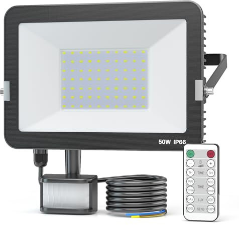 KALAHOL Lampes de sécurité 30W avec détecteur de mouvement extérieur avec télécommande IR, 3000lm, blanc froid, lumières extérieures, alimentées sur secteur, étanches IP66, pour jardin, arrière-cour