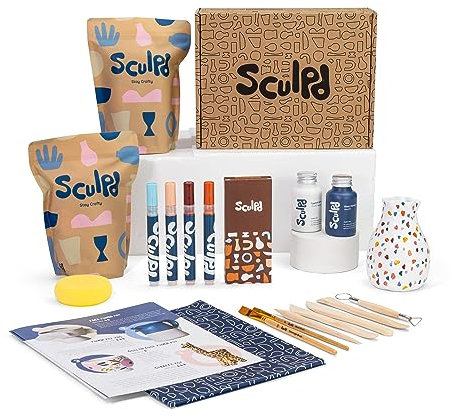 Sculpd Pottery Kit, Air Dry Clay Starter Kit for Beginners with Acrylic Paint Pen Set, Pottery Tool Set, Acrylic Paint, Waterproof Varnish, Paintbrushes, Sponge and Step-by-Step Guide for Adults