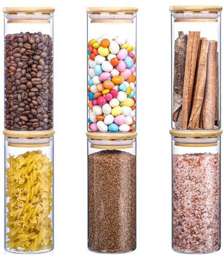 BELLE VOUS 6 Pack of Clear Glass Storage Jars with Bamboo Lids & Labels - 450ml/15oz Airtight Kitchen/Pantry Containers - Food Storage Canisters for Spice, Coffee, Tea, Sugar, Cereal, Candy and More