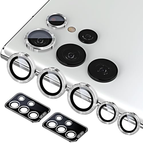 QUESPLE for Samsung Galaxy S22 Ultra Camera Lens Protector [2 Set], HD Scratch-Resistant Ultra-Thin Galaxy S22 Ultra Tempered Glass Camera Protector Film, Metal Ring Camera Cover, Silvery