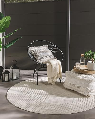 benuta Pop In- & Outdoor Teppich Mars - Creme Rund 160 cm - Geometrischer Relief Wohnzimmerteppich - Leicht zu Reinigen - Strapazierfähig - Fußbodenheizung Geeignet