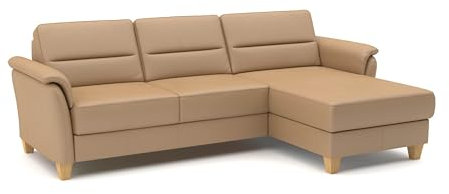 CAVADORE Leder-Eckcouch Palera mit Longchair / Landhaus-Sofa mit Federkern, Schlaffunktion + Bettkasten / 244 x 89 x 163 / Leder Beige