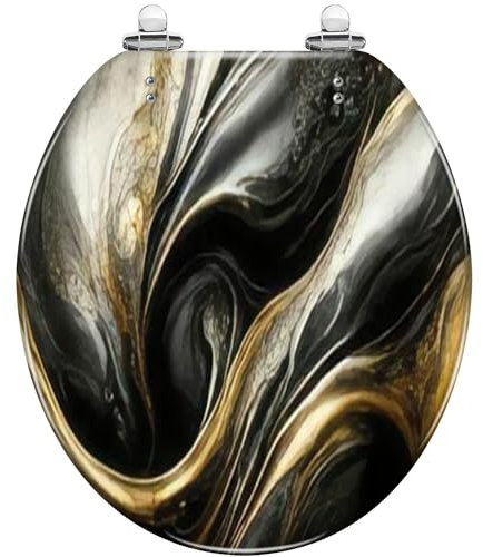 Round Toilet Seat Abstract luxury marble 3d painting Gold black colors Resin Toilet Seat Quietly Slow Close with Quick-Release Hinges Toilet Seat with Cover Easy to Clean Install