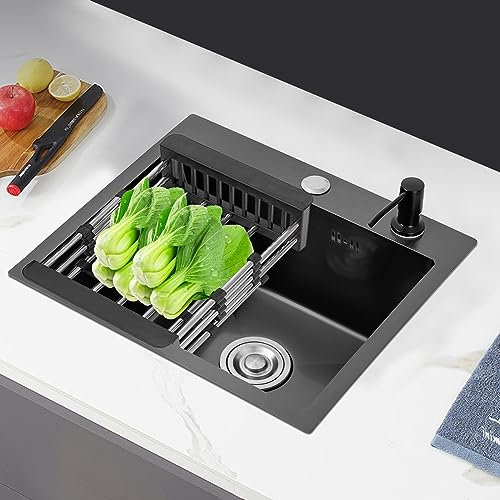 Lavello da incasso, rettangolare, in acciaio inox, set di scarico rettangolare dal lavandino, con cestello di scarico, erogatore di sapone per tubi a filo piatto, nero, 1 vasca, 40 x 45 cm