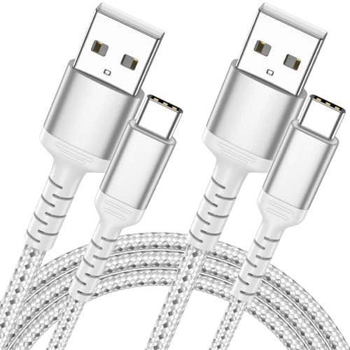 2m USB C Charger Cable 2 Pack, Braided USB A to Type C 3A Fast Charging Cable Compatible for Samsung Galaxy S22 S21 S20 S10 S9 S8 Plus Note 10 9 8, Huawei, Google Pixel, Xiaomi, Sony Xperia XZ(Silber)