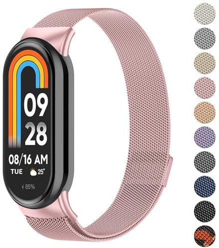 Oumida für Xiaomi Mi Smart Band 8 Armband Herren Damen, Metall Armbänder Edelstahl Mesh Uhrenarmband Magnetisch Verstellbar Sport Ersatzarmband für Xiaomi Mi Band 8 Ersatzbänder, Rosa