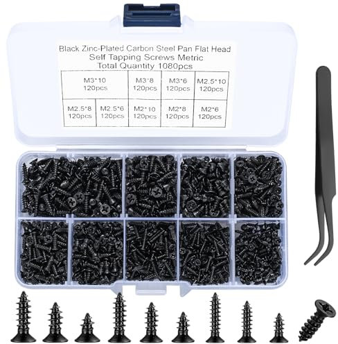 1080 pezziViti Autofilettanti Piccole, M2/M2,5/M3 Viti per Legno, 6mm/8mm/10mm Set di Viti Autofilettanti a Testa Piatta a Incrociata, Elettronici Meccanici Viti per Attrezzature Ufficio, (nero)