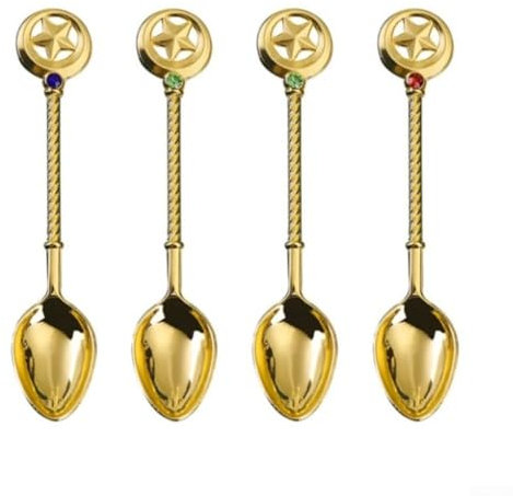 Getdoublerich Elegant Vintage Metal Cutlery Set, Set of 4 Vintage Style Metal Cutlery Fruit Fork Tea Coffee Stirring Spoon Flower Shape Perfect for Any Kitchen Or Dining Area(C Spoon Set)