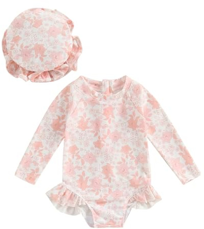 Maillot de Bain Bébé Fille Anti-UV Combinaison de Natation à Volants Manches Longues Imprimé Arc-en-Ciel pour Piscine Plage Sport Vacances Swimwear (Rose Clair, 2-3 Years)