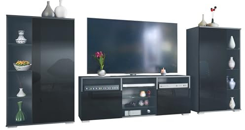 Vladon Wohnwand Davos, Anbauwand bestehend aus 2 Vitrinen und 1 TV-Board, Anthrazit matt/Schwarz Hochglanz (329 x 134 x 35 cm)