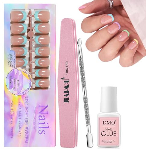 DMQ French Press On Nails Short, 150Pcs Brighter Pastel French Tip False Nails Kit with Glue, Square Fake Nail Tips, Full Cover Stick on Nails French Nail Art Manicure Decorations