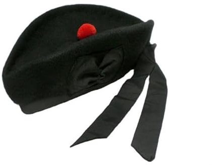 Tartancity Klassische schottische Balmoral-Kappe, 100 % Wolle, traditionelles Design, schwarze Piper-Glengarry-Hüte mit rotem Bommel, Schwarz , 58