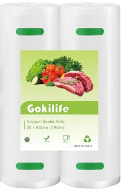Gokilife Vacuum Sealer Bags Rolls - 2 Rolls 20 x 600 cm Sous Vide Bags, BPA Free, Durable Commercial Customized Size Food Bags for Food Storage and Sous Vide Cooking