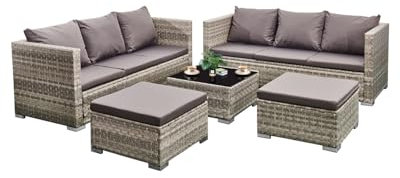 AFURNI 5 Pieces Rattan Garden Furniture, 8 Seater Grey Rattan Corner Sofa Conversation Set with Coffee Tables and Washable Cushions