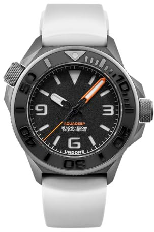 UNDONE Aquadeep Automatische Taucheruhr für Herren, 43 mm, 500 m wasserdicht, Armbanduhr für Taucher für Herren mit Gummiband, Schwarzes Zifferblatt, weißes Gummiarmband, 43mm, Tieftauchen