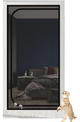 Reinforced Cat Proof Door, Thickened Cat Resistant Mesh Screen Door,Zip Mesh Zipper with Zipper Closure Thickened, for Bedroom, Sliding Door, Living Room Window(Black,90x200cm)