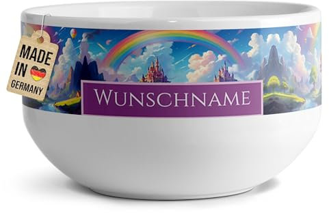 PR Print Royal Kinder-Müslischale mit Name personalisiert - Regenbogen Schloss - Geschenk für Mädchen, Kindertag, Weihnachten, Geburtstag | Keramik Schüssel selbst gestalten, 500 ml