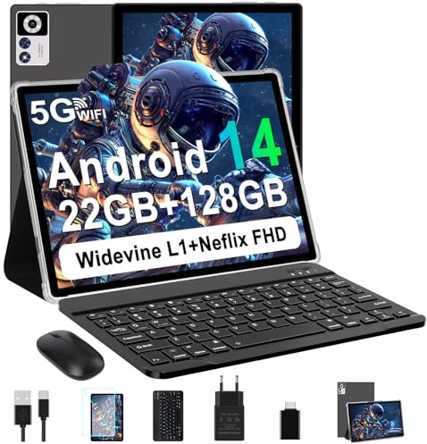 ZIOVO Android 14 Tablet 10 Pulgadas, 22GB RAM+128GB ROM (TF 1TB), 5G WiFi, Widevine L1/Octa-Core/2.0 GHz/8000mAh/Cuerpo Metálico/8+5MP/Tablet 2 en 1 con Teclado y Ratón- Negro
