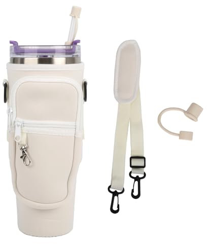 Sahunfri Bottle Bag for Stanley Cup 40oz, Water Bottle Holder fits Stanley Cup with Silicone Straw Cover, Adjustable Strap, Phone Pocket, Accessories for Stanley Cup for Walking, Travel (Cream)