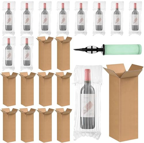 10 Sets Wine Shipping Box, Single Bottle Cardboard Bulk with Protector Bags and Inflatable Pump, Travel Beer Glass Boxes for Safety Transportation Shipping Moving Package